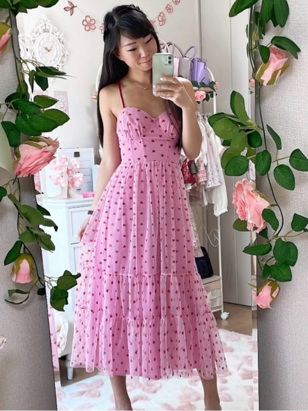 Betsey Johnson Pink Heart-Print Tiered Midi Dress - Picture 6 of 8